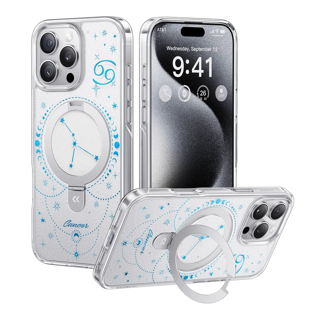 For iPhone 16 Pro CASEKOO Magnetic Case Constellation Pattern Ring Kickstand Shockproof PC + TPU Phone Cover - Cancer - 1