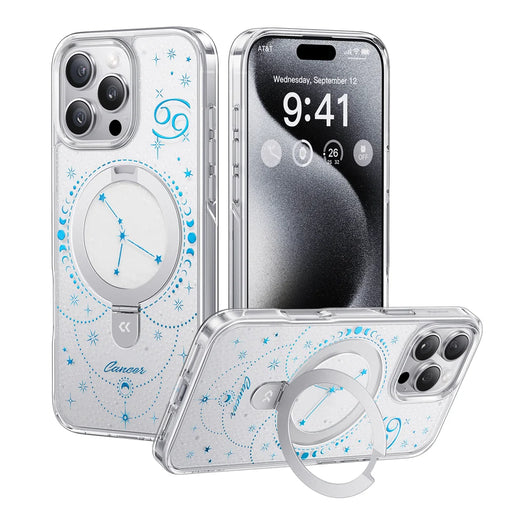 For iPhone 16 Pro CASEKOO Magnetic Case Constellation Pattern Ring Kickstand Shockproof PC + TPU Phone Cover - Cancer - 1