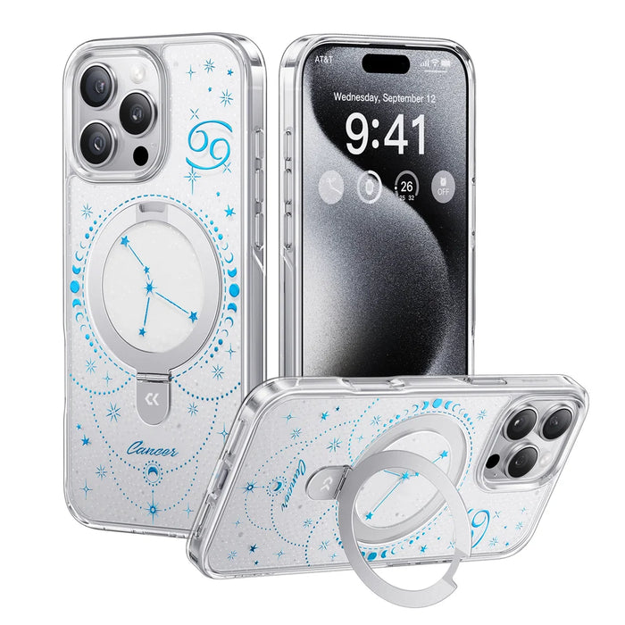 For iPhone 16 Pro CASEKOO Magnetic Case Constellation Pattern Ring Kickstand Shockproof PC + TPU Phone Cover - Cancer - 1