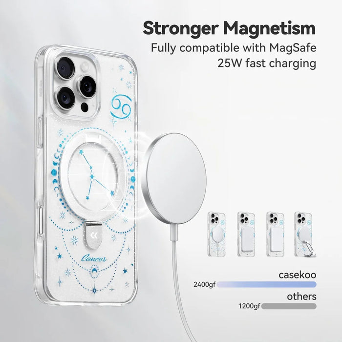 For iPhone 16 Pro CASEKOO Magnetic Case Constellation Pattern Ring Kickstand Shockproof PC + TPU Phone Cover - Cancer - 6