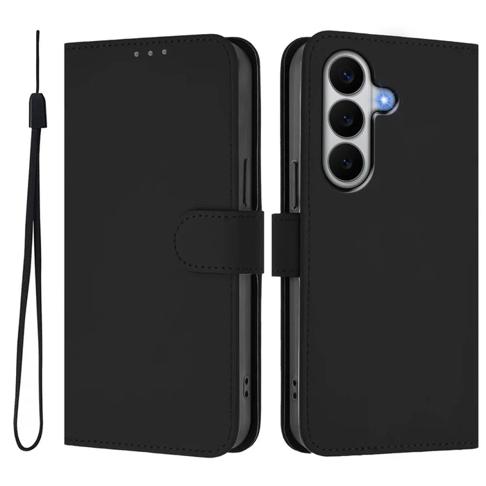 For Samsung Galaxy A27 5G Case Solid Color Wallet Leather Phone Cover with Strap - Black - 1