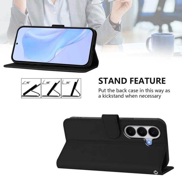 For Samsung Galaxy A27 5G Case Solid Color Wallet Leather Phone Cover with Strap - Black - 4