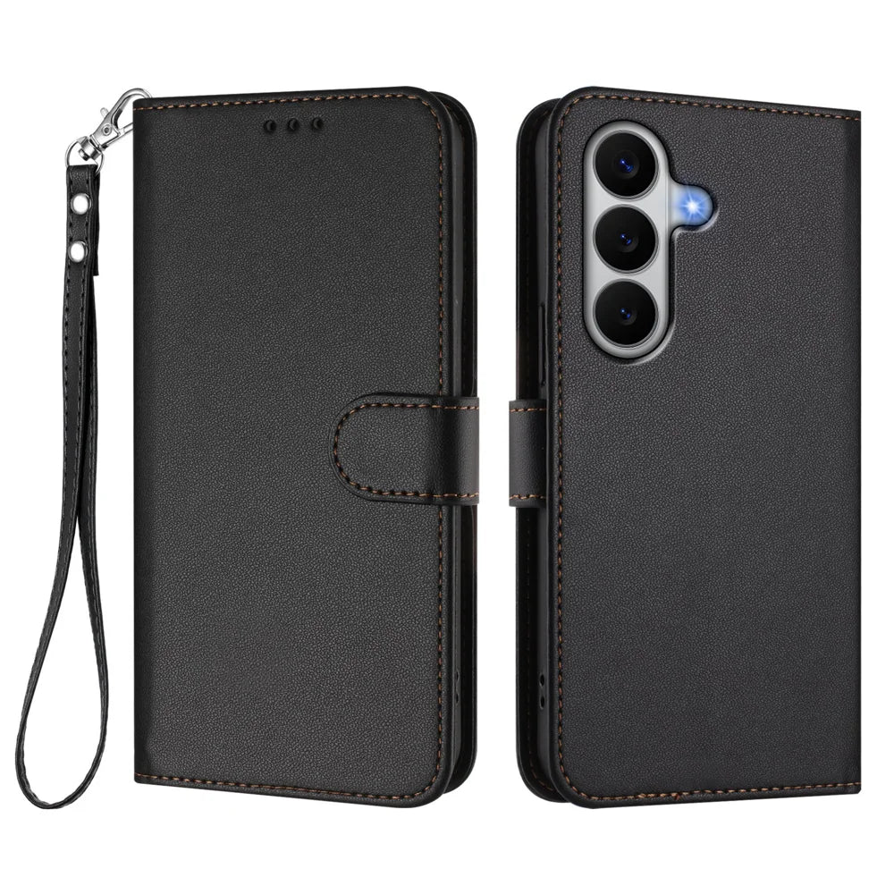 For Samsung Galaxy A27 5G Leather Case Wallet Stand Phone Cover with Wrist Strap - Black - 1