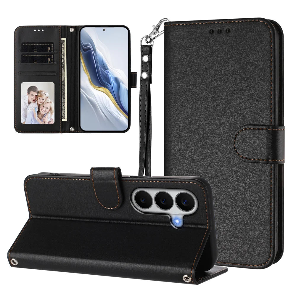 For Samsung Galaxy A27 5G Leather Case Wallet Stand Phone Cover with Wrist Strap - Black - 3