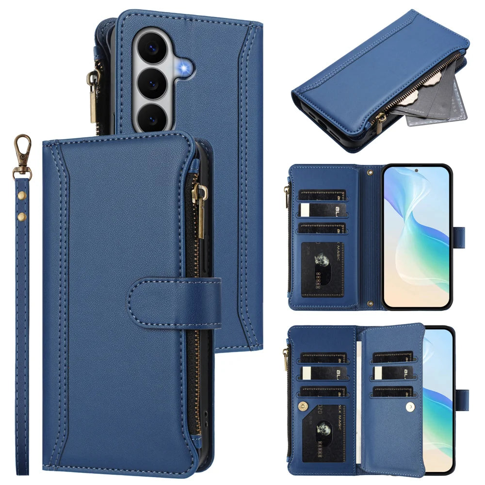 For Samsung Galaxy A27 5G Leather Case 9 Card Slots Zipper Wallet Stand Phone Cover with Wrist Strap - Dark Blue - 2