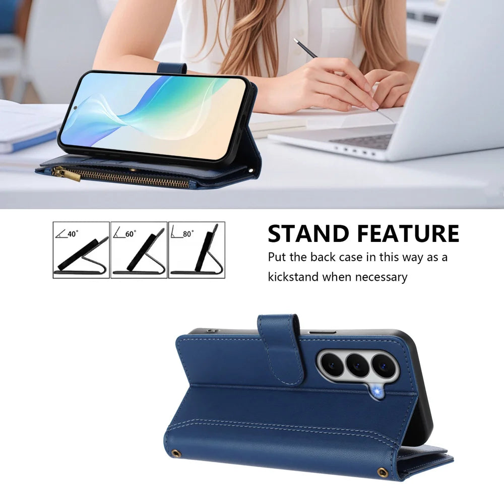 For Samsung Galaxy A27 5G Leather Case 9 Card Slots Zipper Wallet Stand Phone Cover with Wrist Strap - Dark Blue - 4