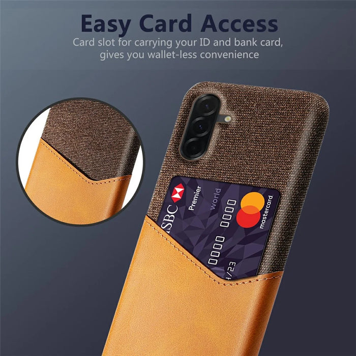 For Samsung Galaxy A37 5G Case PU Leather Cloth Texture Hard PC Phone Cover with Card Holder - Yellow - 3