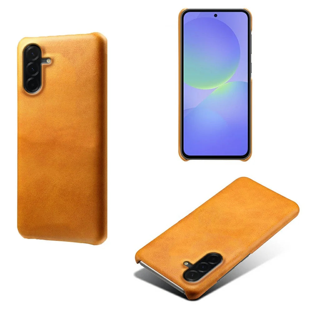 For Samsung Galaxy A37 5G Case Calf Texture PU Leather Hard PC Protective Phone Cover - Orange - 1