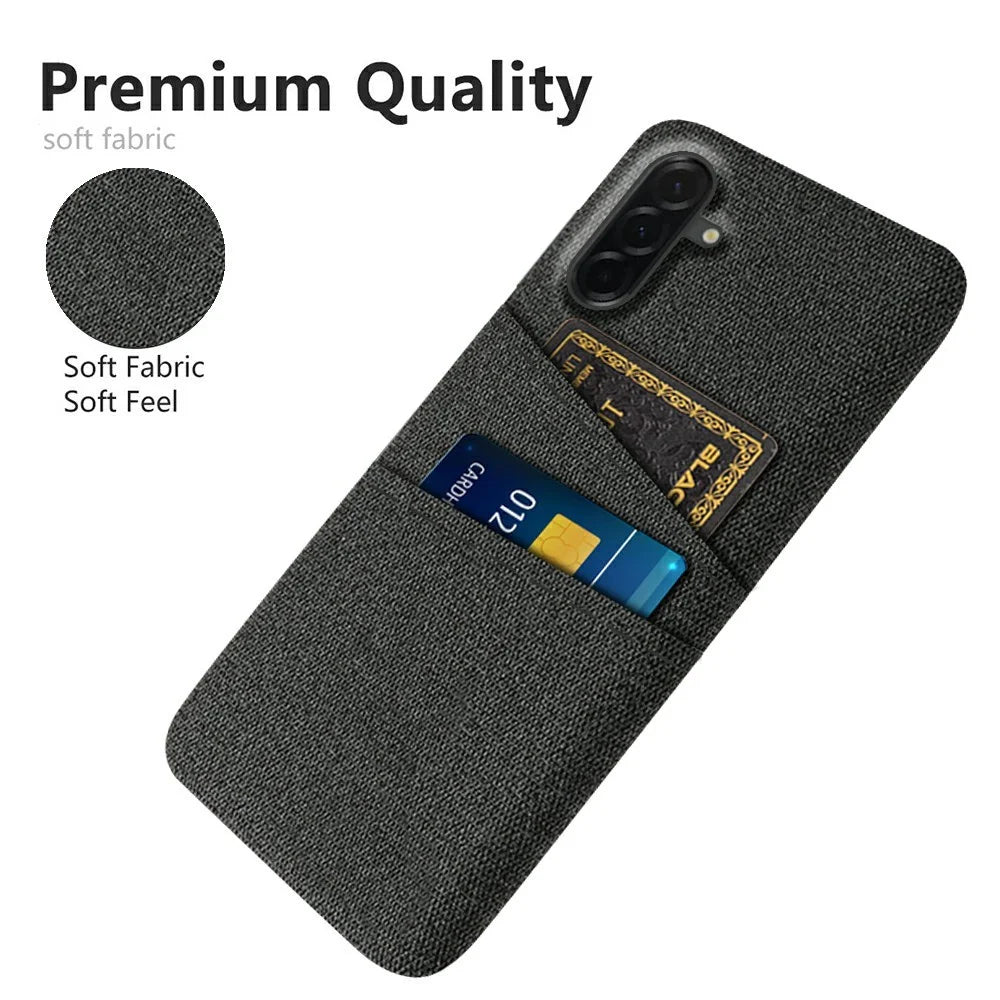 For Samsung Galaxy A37 5G Case Cloth + Hard PC Phone Cover with Dual Card Slots - Black - 3