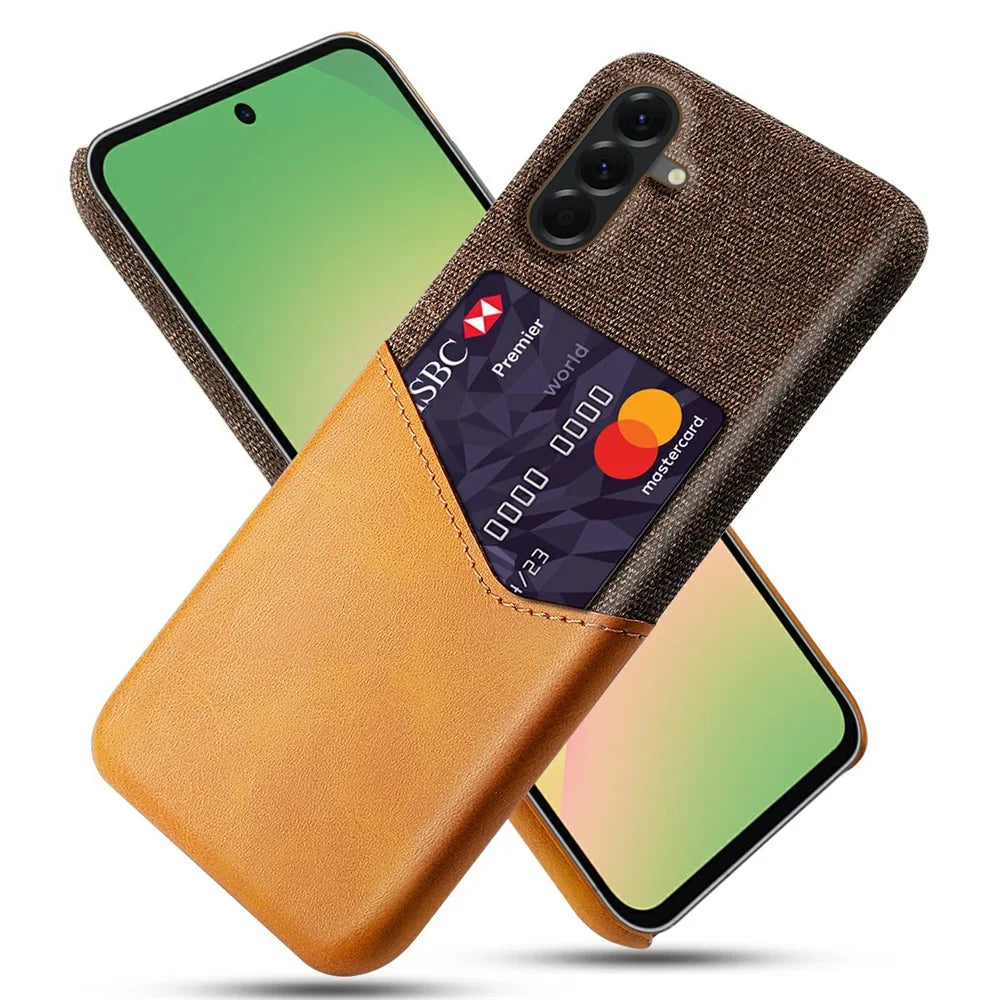 For Samsung Galaxy A57 5G Case PU Leather Cloth Texture Hard PC Phone Cover with Card Holder - Yellow - 1