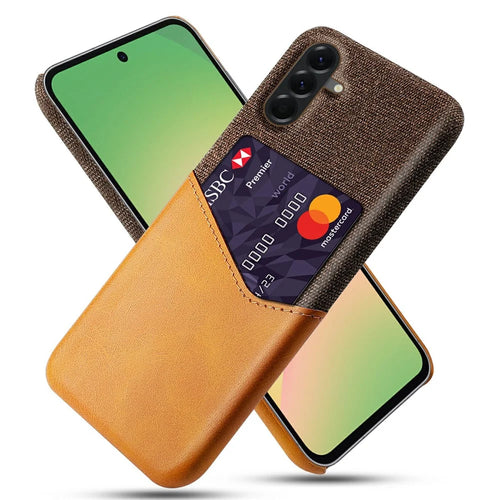 For Samsung Galaxy A57 5G Case PU Leather Cloth Texture Hard PC Phone Cover with Card Holder - Yellow - 1