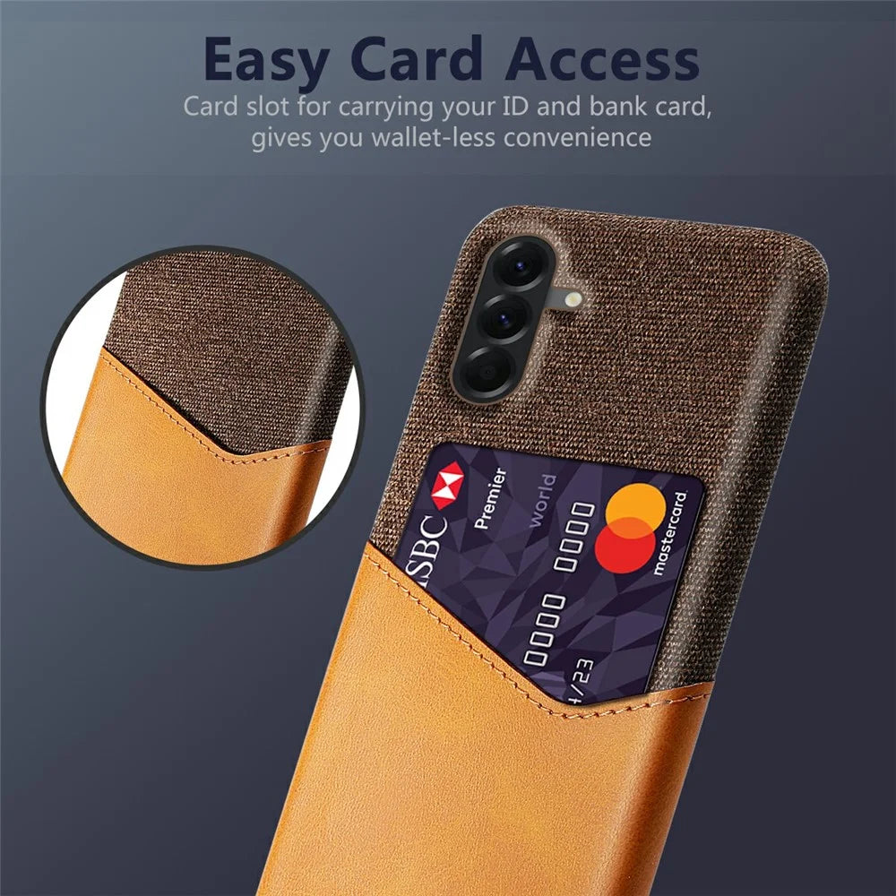 For Samsung Galaxy A57 5G Case PU Leather Cloth Texture Hard PC Phone Cover with Card Holder - Yellow - 3