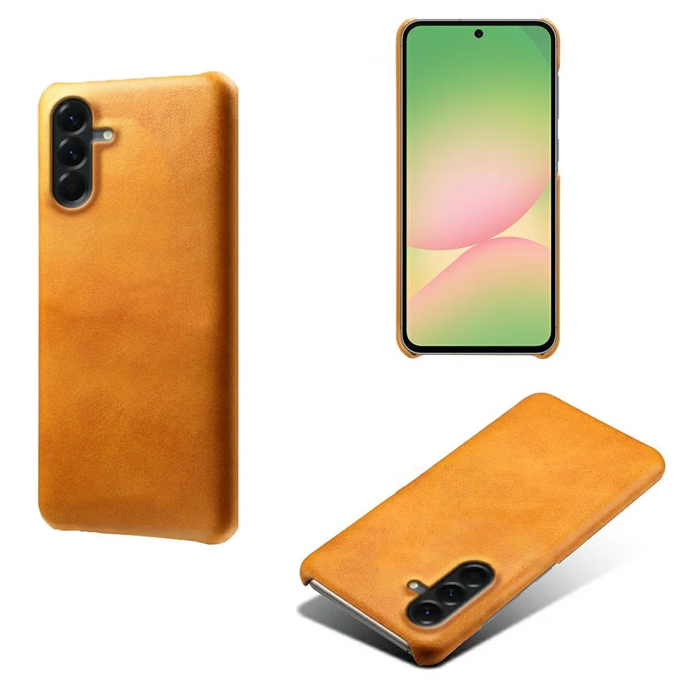 For Samsung Galaxy A57 5G Case Calf Texture PU Leather Hard PC Protective Phone Cover - Orange - 1