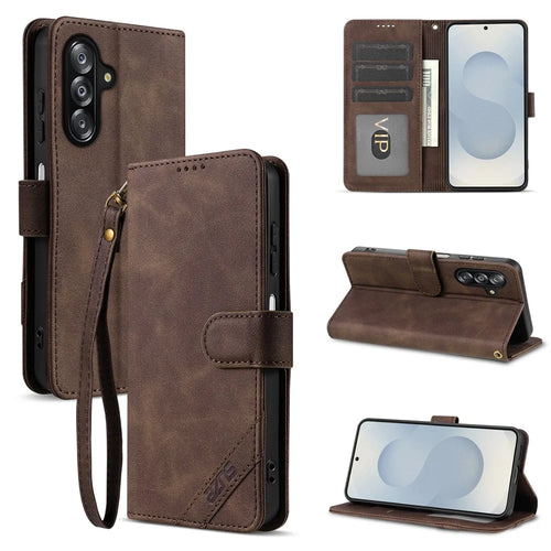 AZNS A2 for Samsung Galaxy A27 5G Leather Case with Wrist Strap RFID Blocking Wallet Stand Phone Cover - Brown - 1