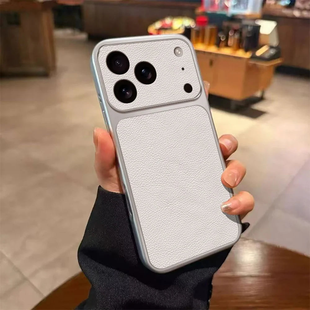 For iPhone 17 Pro Max Case PU Leather Texture Shockproof TPU Protective Phone Cover - White - 1