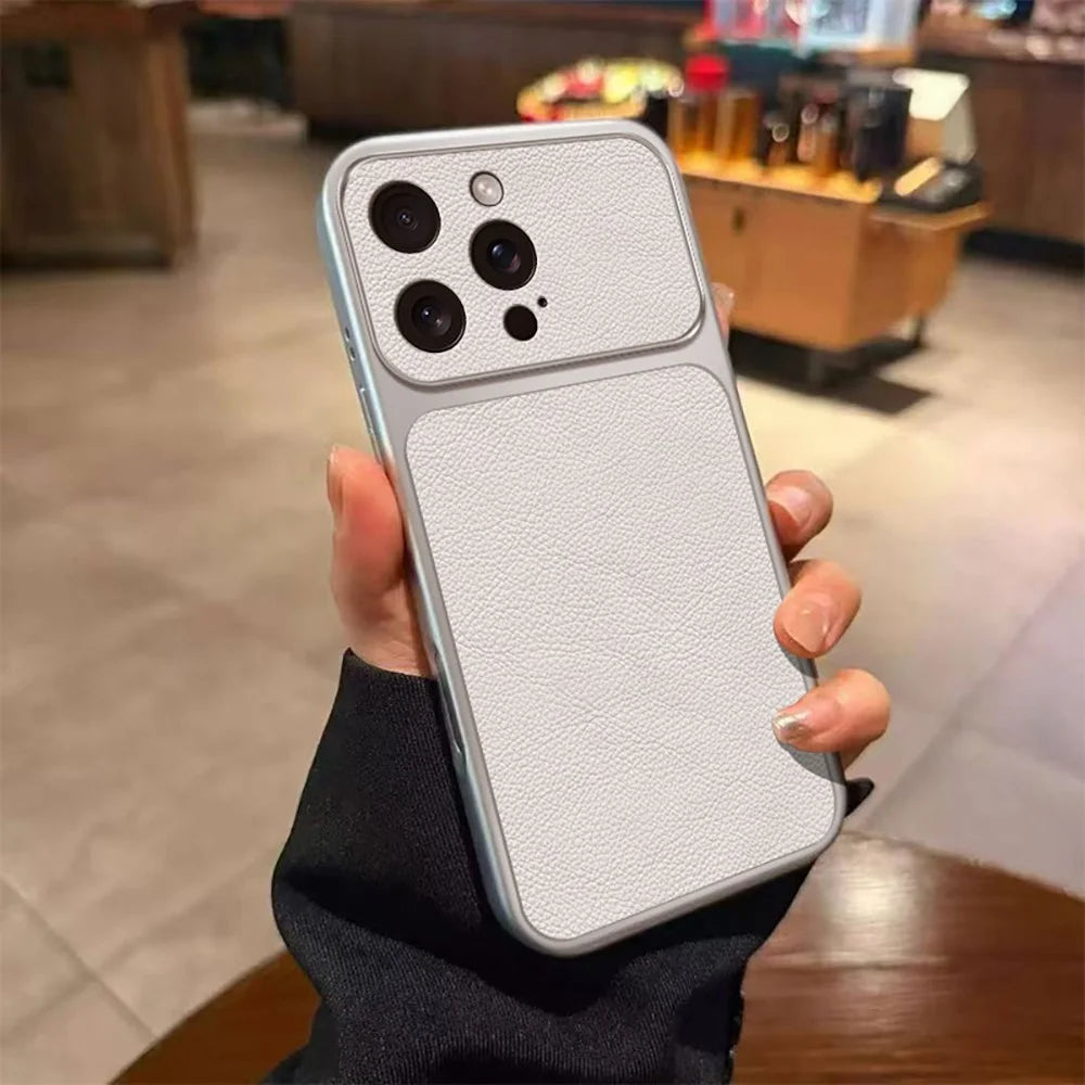 For iPhone 16 Pro Max Case PU Leather Texture Shockproof TPU Protective Phone Cover - White - 1