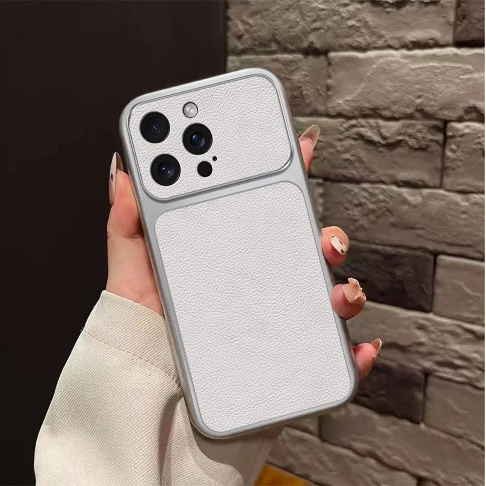 For iPhone 15 Pro Max Case PU Leather Texture Shockproof TPU Protective Phone Cover - White - 1