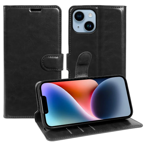 For iPhone 14 Wallet Case Crazy Horse Texture Leather Flip Phone Cover with Magnetic Closure - Black - 1