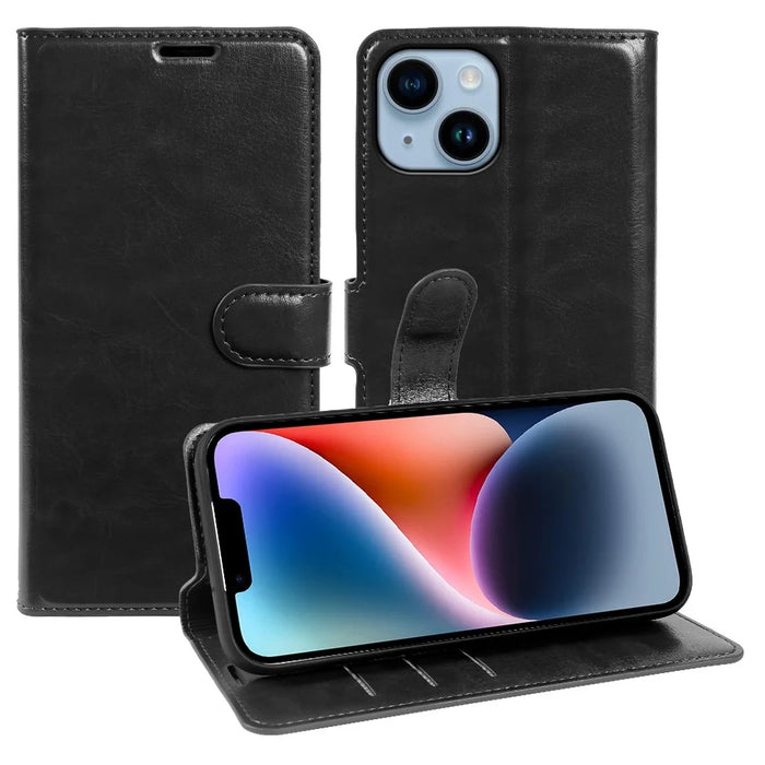 For iPhone 14 Wallet Case Crazy Horse Texture Leather Flip Phone Cover with Magnetic Closure - Black - 1