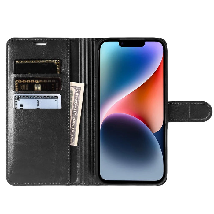 For iPhone 14 Wallet Case Crazy Horse Texture Leather Flip Phone Cover with Magnetic Closure - Black - 2