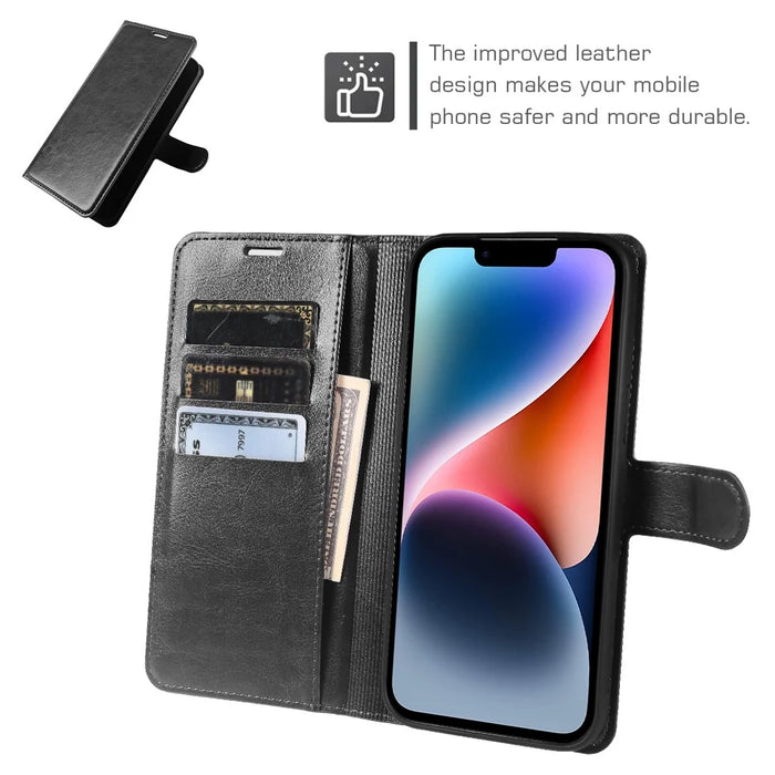 For iPhone 14 Wallet Case Crazy Horse Texture Leather Flip Phone Cover with Magnetic Closure - Black - 3