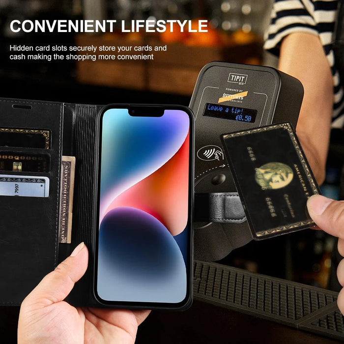 For iPhone 14 Wallet Case Crazy Horse Texture Leather Flip Phone Cover with Magnetic Closure - Black - 4