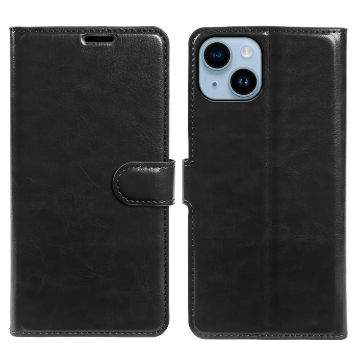 For iPhone 14 Wallet Case Crazy Horse Texture Leather Flip Phone Cover with Magnetic Closure - Black - 5