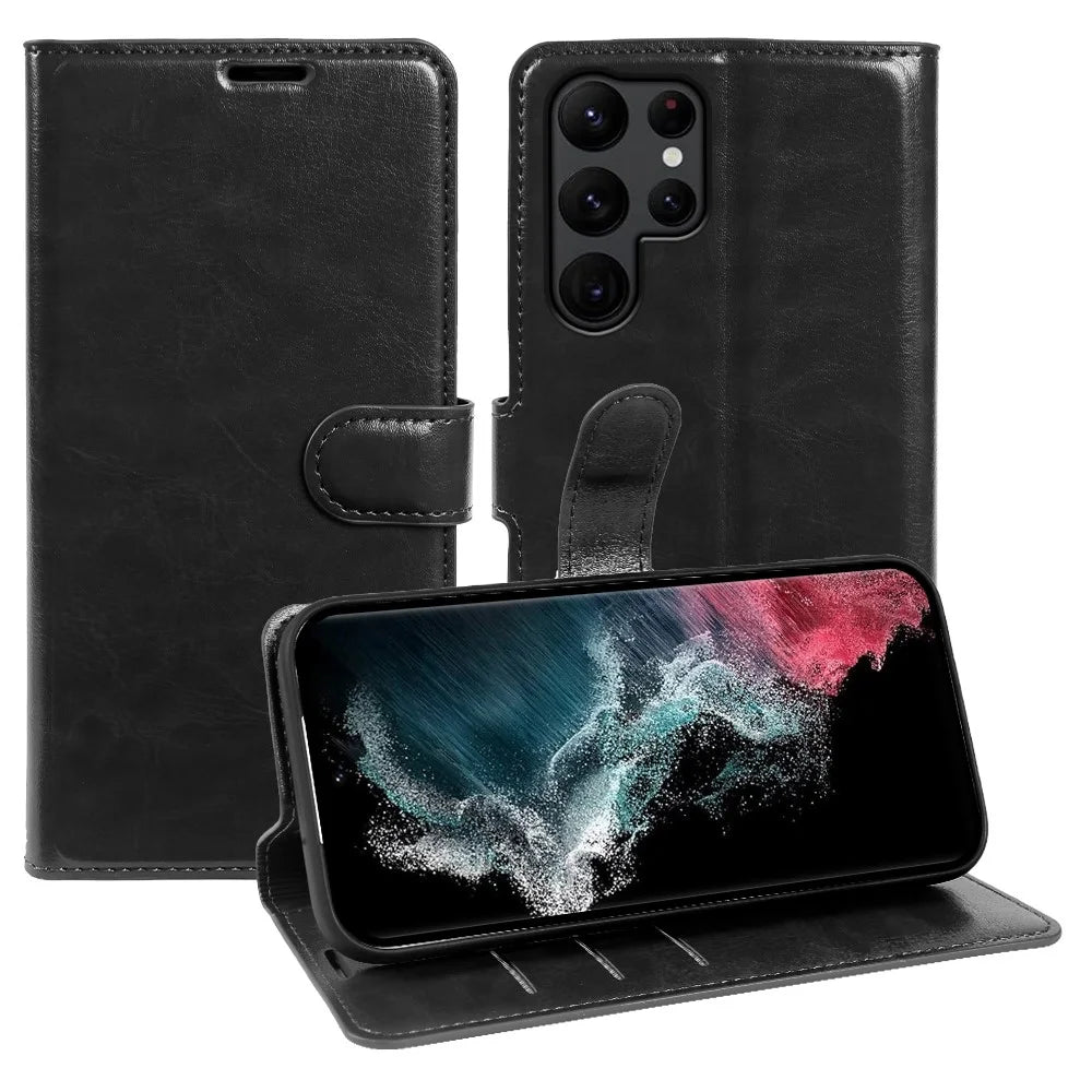 For Samsung Galaxy S22 Ultra 5G Wallet Case Crazy Horse Texture Leather Flip Phone Cover with Magnetic Closure - Black - 1