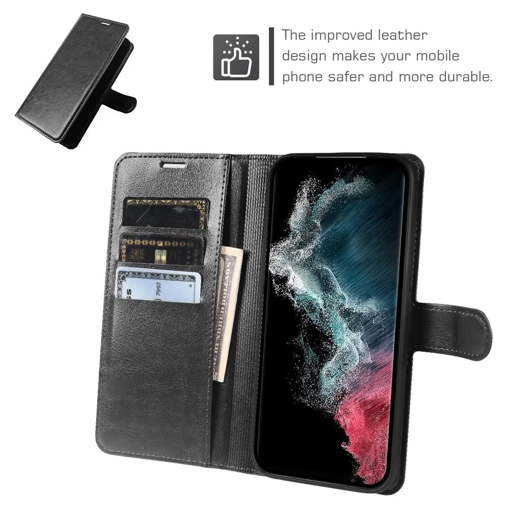 For Samsung Galaxy S22 Ultra 5G Wallet Case Crazy Horse Texture Leather Flip Phone Cover with Magnetic Closure - Black - 3