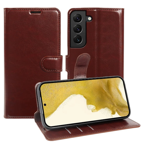 For Samsung Galaxy S22+ 5G Wallet Case Crazy Horse Texture Leather Flip Phone Cover with Magnetic Closure - Brown - 1