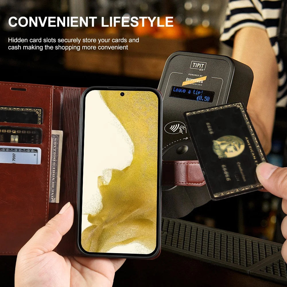 For Samsung Galaxy S22+ 5G Wallet Case Crazy Horse Texture Leather Flip Phone Cover with Magnetic Closure - Brown - 4