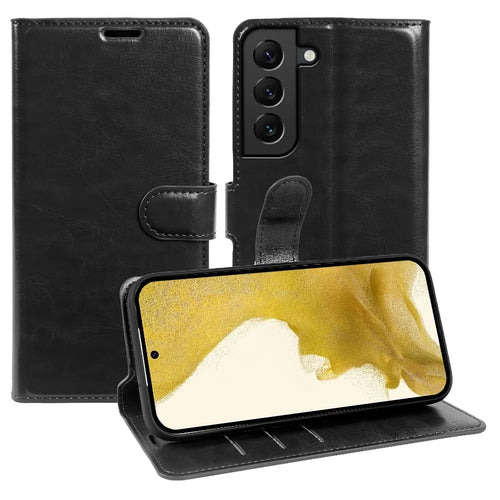 For Samsung Galaxy S22 5G Wallet Case Crazy Horse Texture Leather Flip Phone Cover with Magnetic Closure - Black - 1