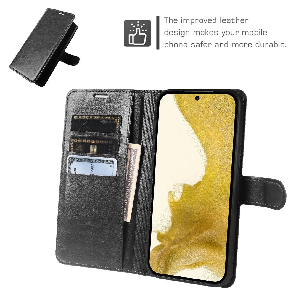 For Samsung Galaxy S22 5G Wallet Case Crazy Horse Texture Leather Flip Phone Cover with Magnetic Closure - Black - 3