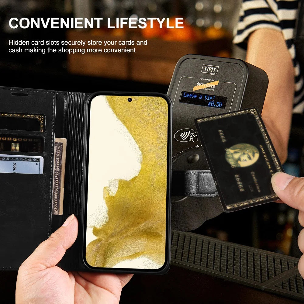 For Samsung Galaxy S22 5G Wallet Case Crazy Horse Texture Leather Flip Phone Cover with Magnetic Closure - Black - 4