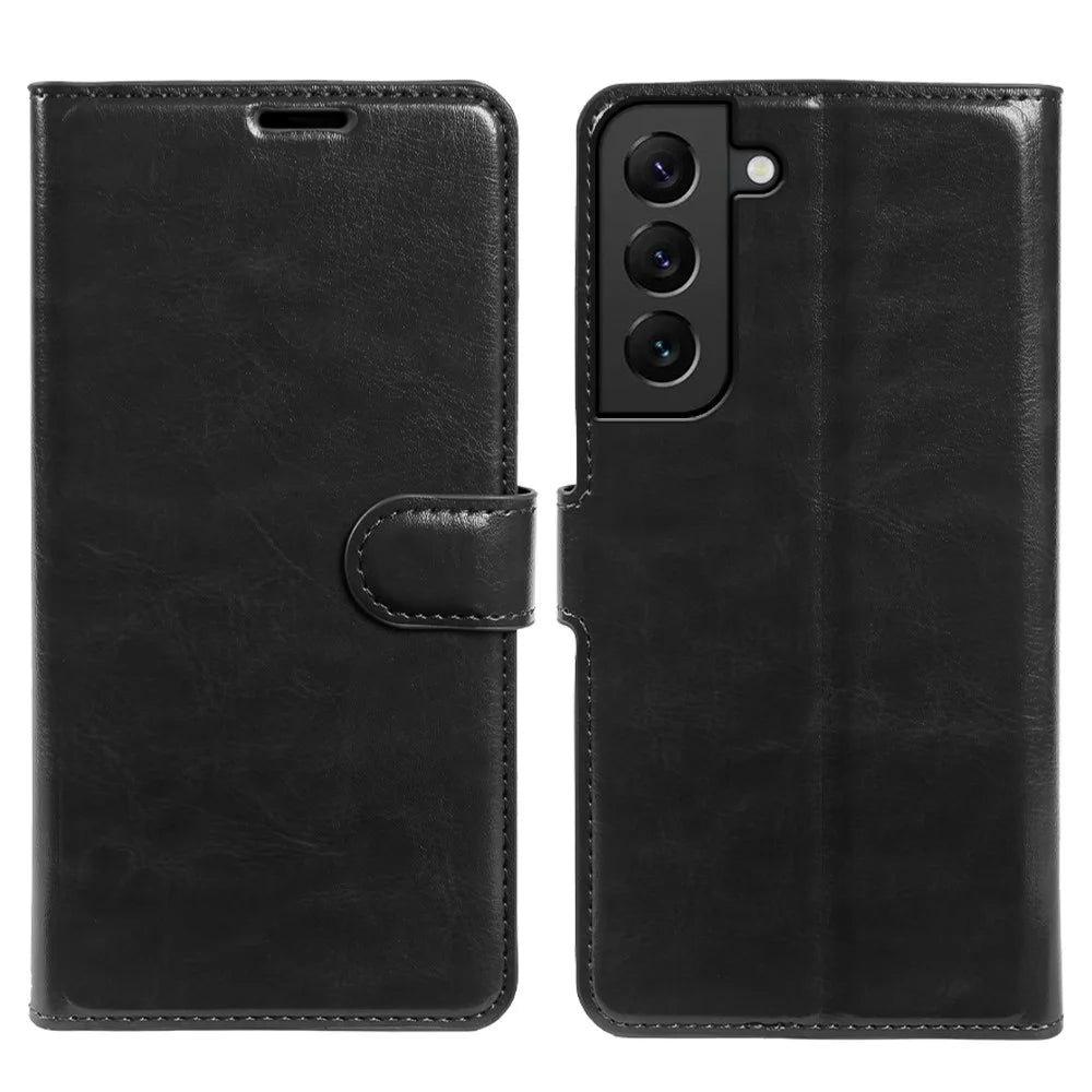 For Samsung Galaxy S22 5G Wallet Case Crazy Horse Texture Leather Flip Phone Cover with Magnetic Closure - Black - 5