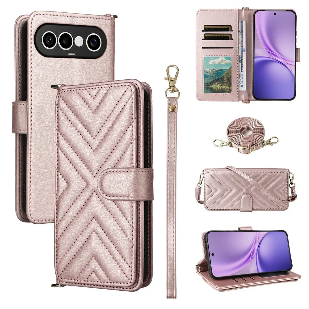 For vivo X300 FE 5G / S50 Pro mini 5G Leather Case Stand Wallet Phone Cover with Shoulder  /  Wrist Strap - Pink - 1