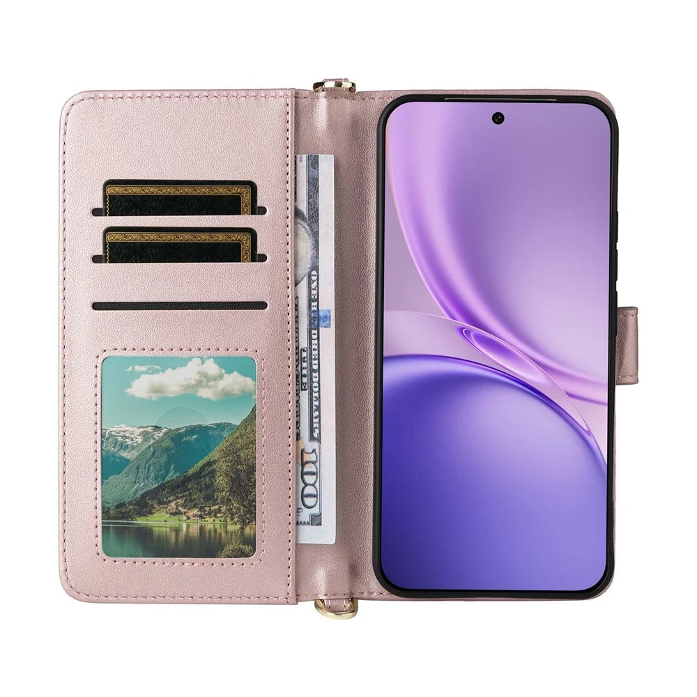 For vivo X300 FE 5G / S50 Pro mini 5G Leather Case Stand Wallet Phone Cover with Shoulder  /  Wrist Strap - Pink - 3