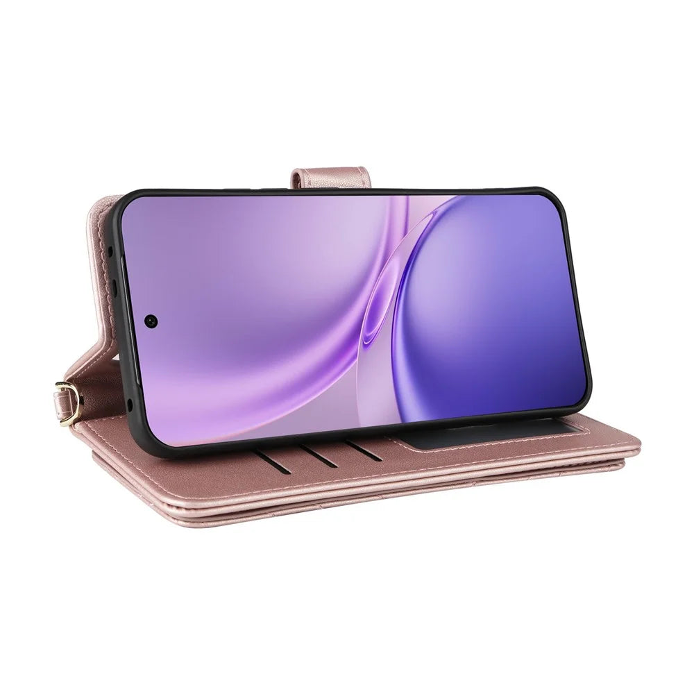 For vivo X300 FE 5G / S50 Pro mini 5G Leather Case Stand Wallet Phone Cover with Shoulder  /  Wrist Strap - Pink - 5