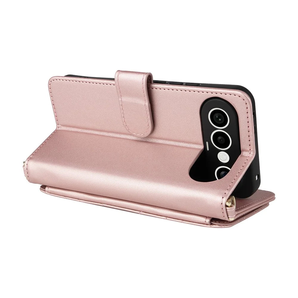 For vivo X300 FE 5G / S50 Pro mini 5G Leather Case Stand Wallet Phone Cover with Shoulder  /  Wrist Strap - Pink - 6