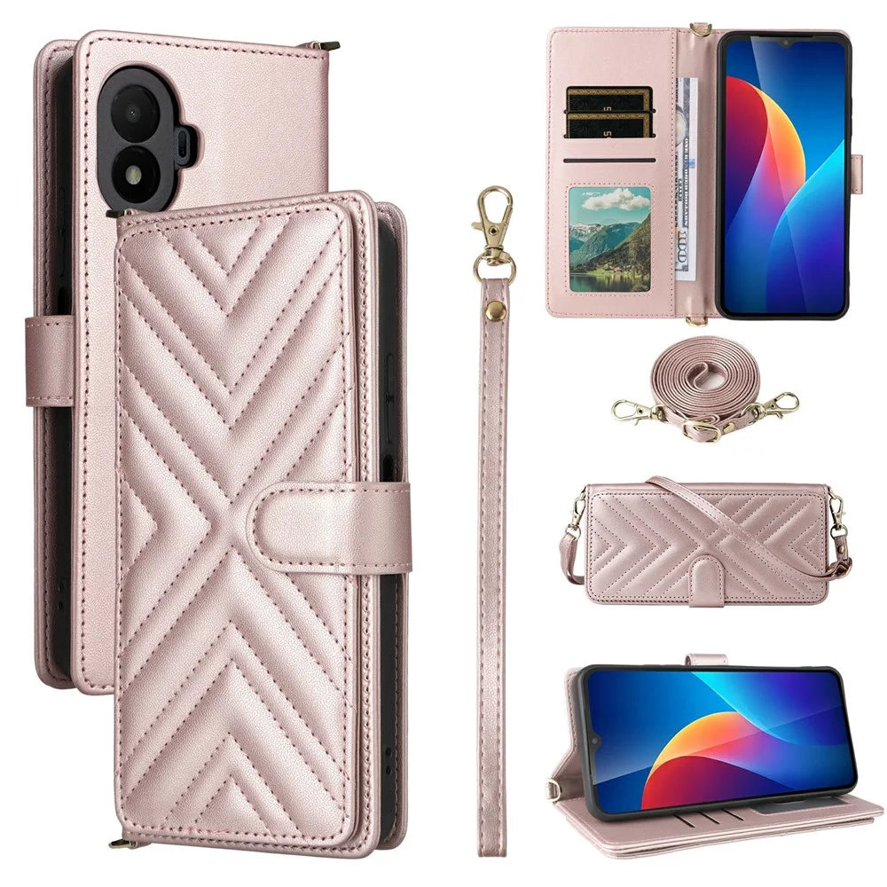 For TCL K70 SE 4G Leather Case Stand Wallet Phone Cover with Shoulder  /  Wrist Strap - Pink - 1