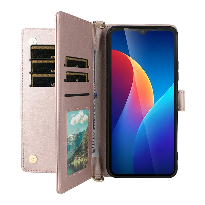 For TCL K70 SE 4G Leather Case Stand Wallet Phone Cover with Shoulder  /  Wrist Strap - Pink - 2
