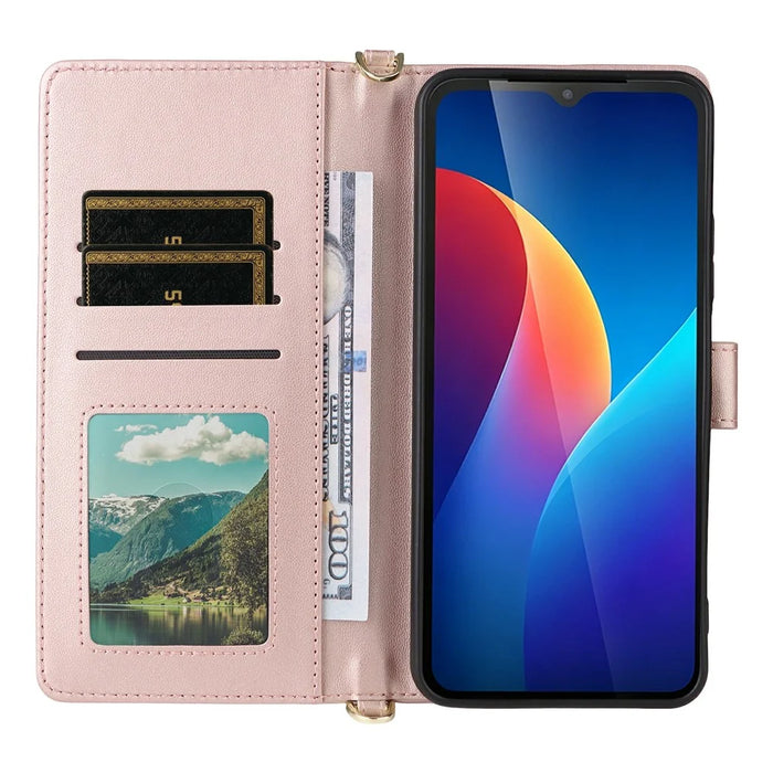For TCL K70 SE 4G Leather Case Stand Wallet Phone Cover with Shoulder  /  Wrist Strap - Pink - 4