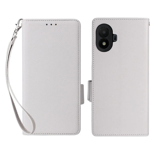 For TCL K70 SE 4G Case Litchi Texture Wallet Leather Phone Cover with Wrist Strap - White - 1