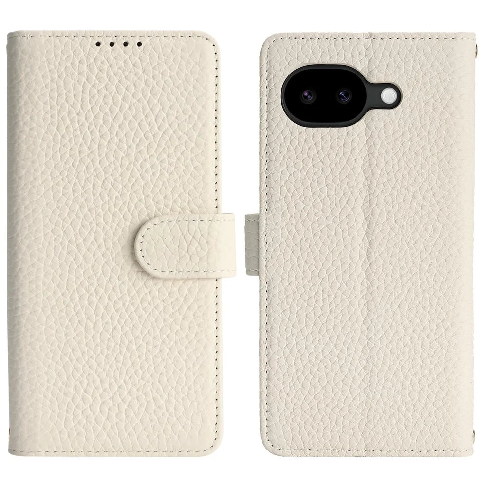 For Google Pixel 10a Stand Case Litchi Texture Genuine Cow Leather Wallet Phone Cover RFID Blocking - White - 1