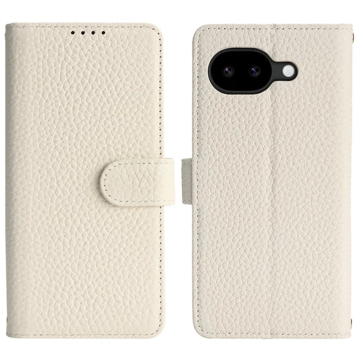 For Google Pixel 10a Stand Case Litchi Texture Genuine Cow Leather Wallet Phone Cover RFID Blocking - White - 1