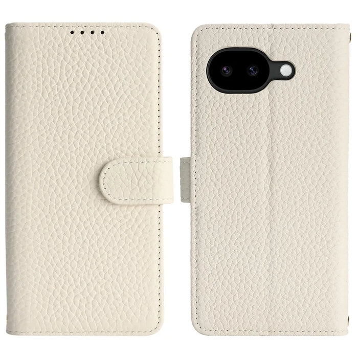 For Google Pixel 10a Stand Case Litchi Texture Genuine Cow Leather Wallet Phone Cover RFID Blocking - White - 1
