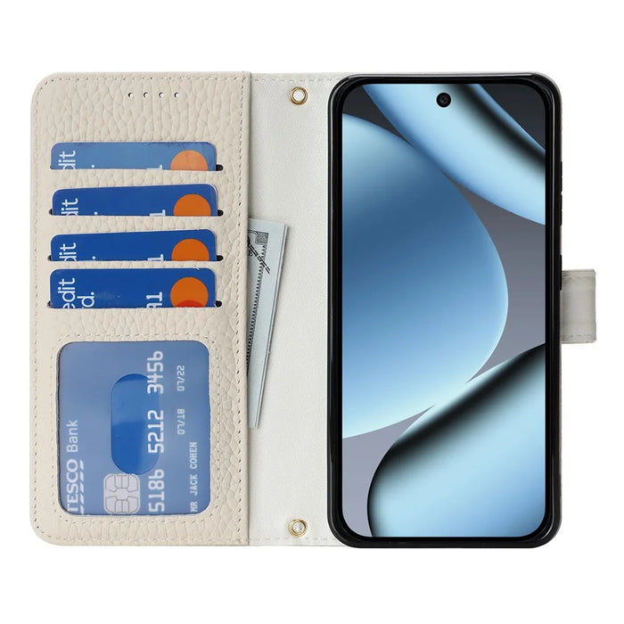 For Google Pixel 10a Stand Case Litchi Texture Genuine Cow Leather Wallet Phone Cover RFID Blocking - White - 2