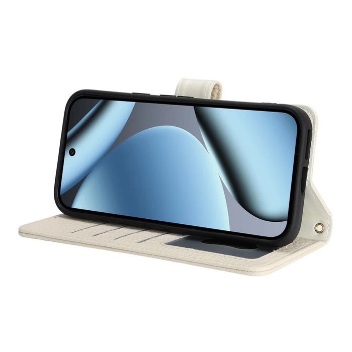 For Google Pixel 10a Stand Case Litchi Texture Genuine Cow Leather Wallet Phone Cover RFID Blocking - White - 3