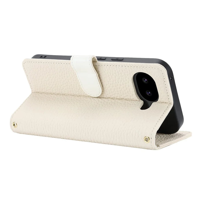 For Google Pixel 10a Stand Case Litchi Texture Genuine Cow Leather Wallet Phone Cover RFID Blocking - White - 4
