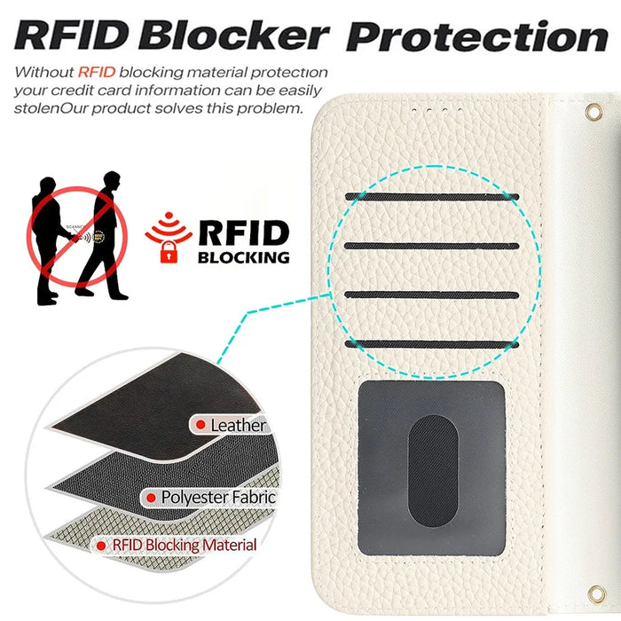 For Google Pixel 10a Stand Case Litchi Texture Genuine Cow Leather Wallet Phone Cover RFID Blocking - White - 6